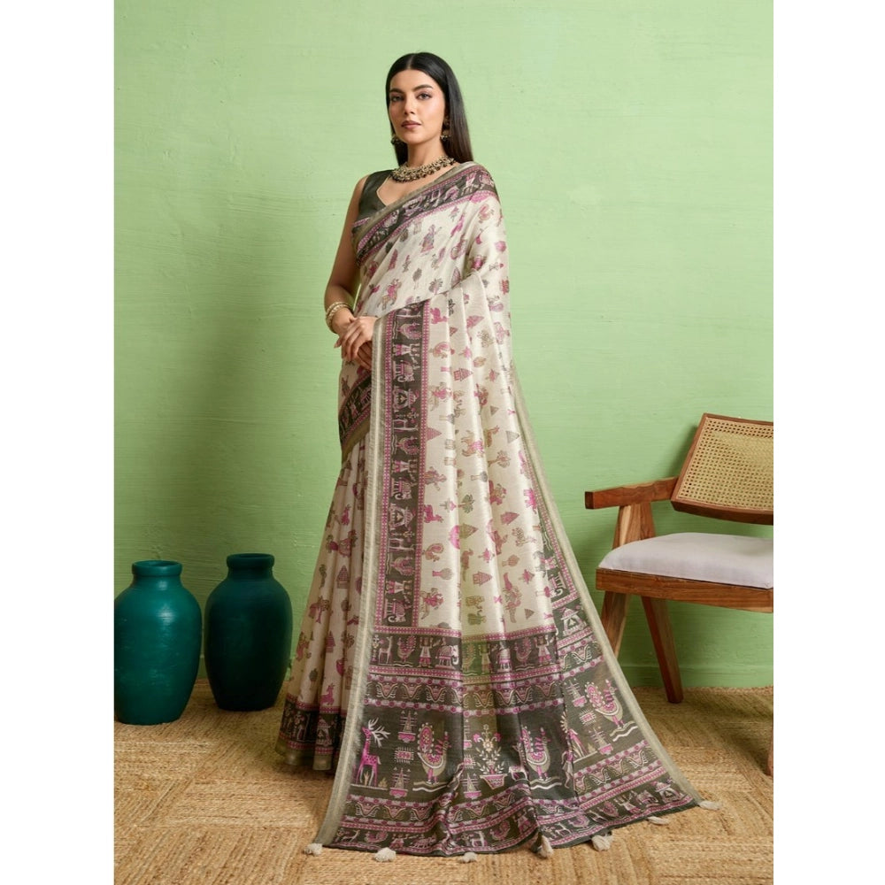 Generic Women's Silk Blend Printed Saree With Unstitched Blouse 5.5Mtr (Off White)