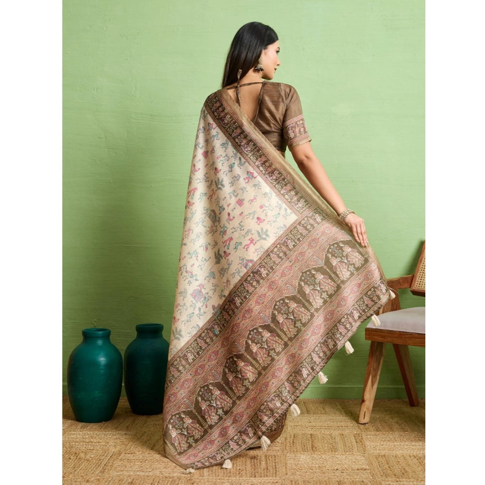 Generic Women's Silk Blend Printed Saree With Unstitched Blouse 5.5Mtr (Cream)
