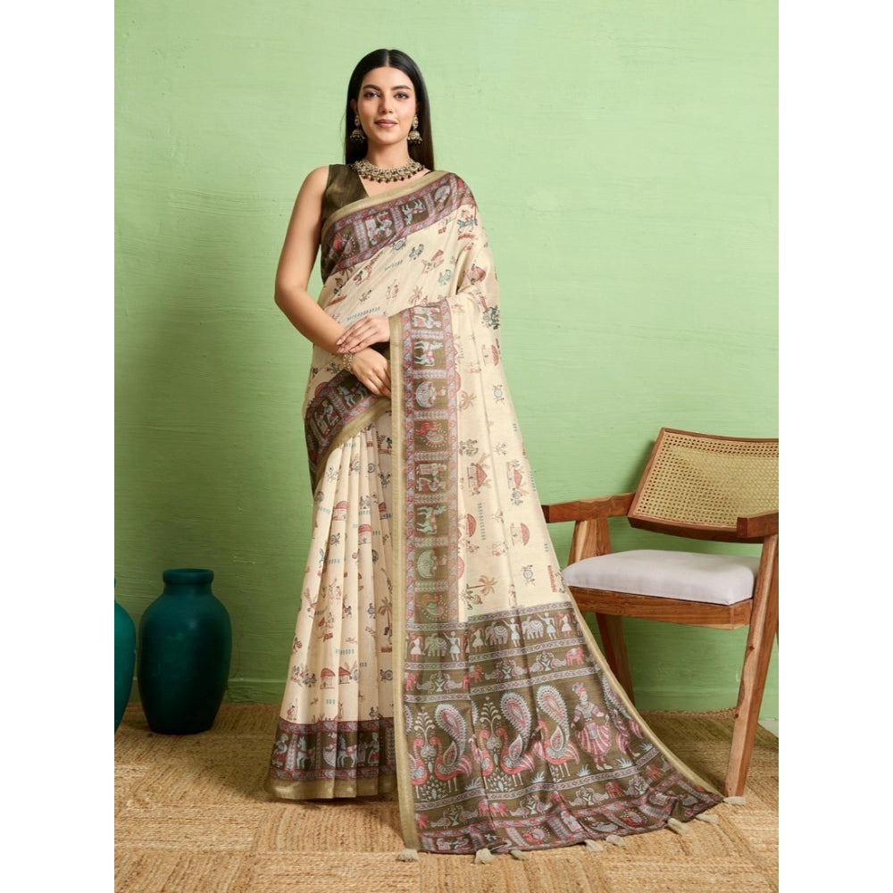 Generic Women's Silk Blend Printed Saree With Unstitched Blouse 5.5Mtr (Cream)