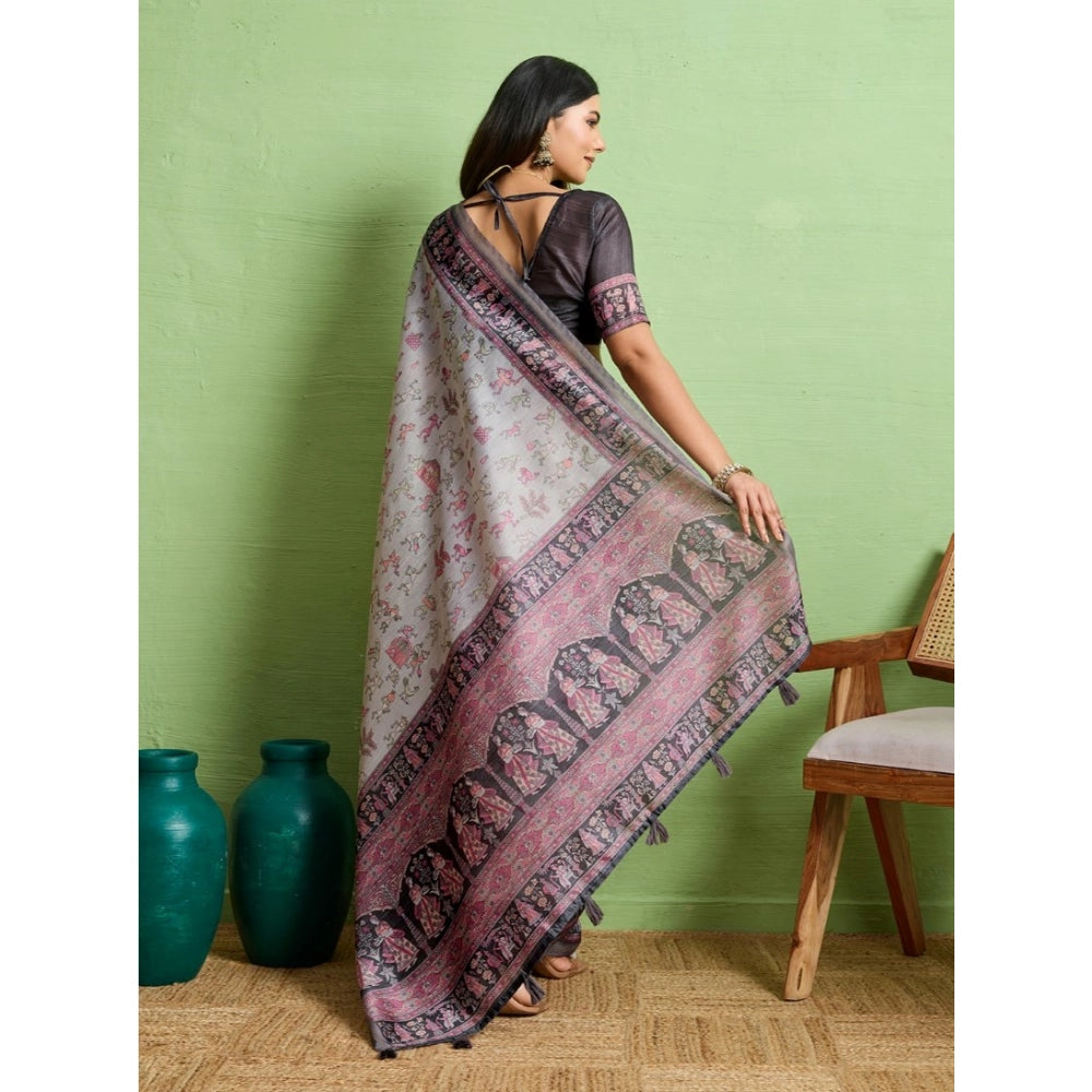 Generic Women's Silk Blend Printed Saree With Unstitched Blouse 5.5Mtr (Grey)