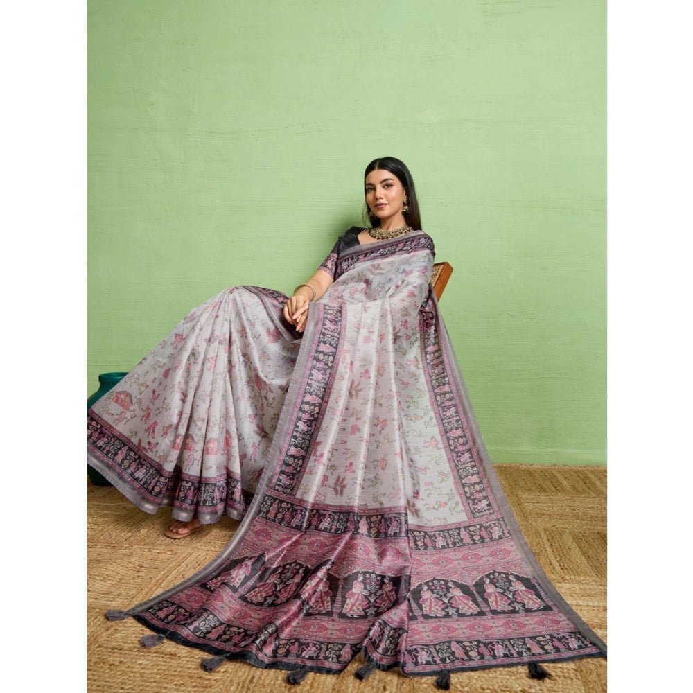Generic Women's Silk Blend Printed Saree With Unstitched Blouse 5.5Mtr (Grey)