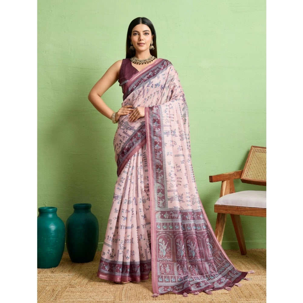 Generic Women's Silk Blend Printed Saree With Unstitched Blouse 5.5Mtr (Grey)