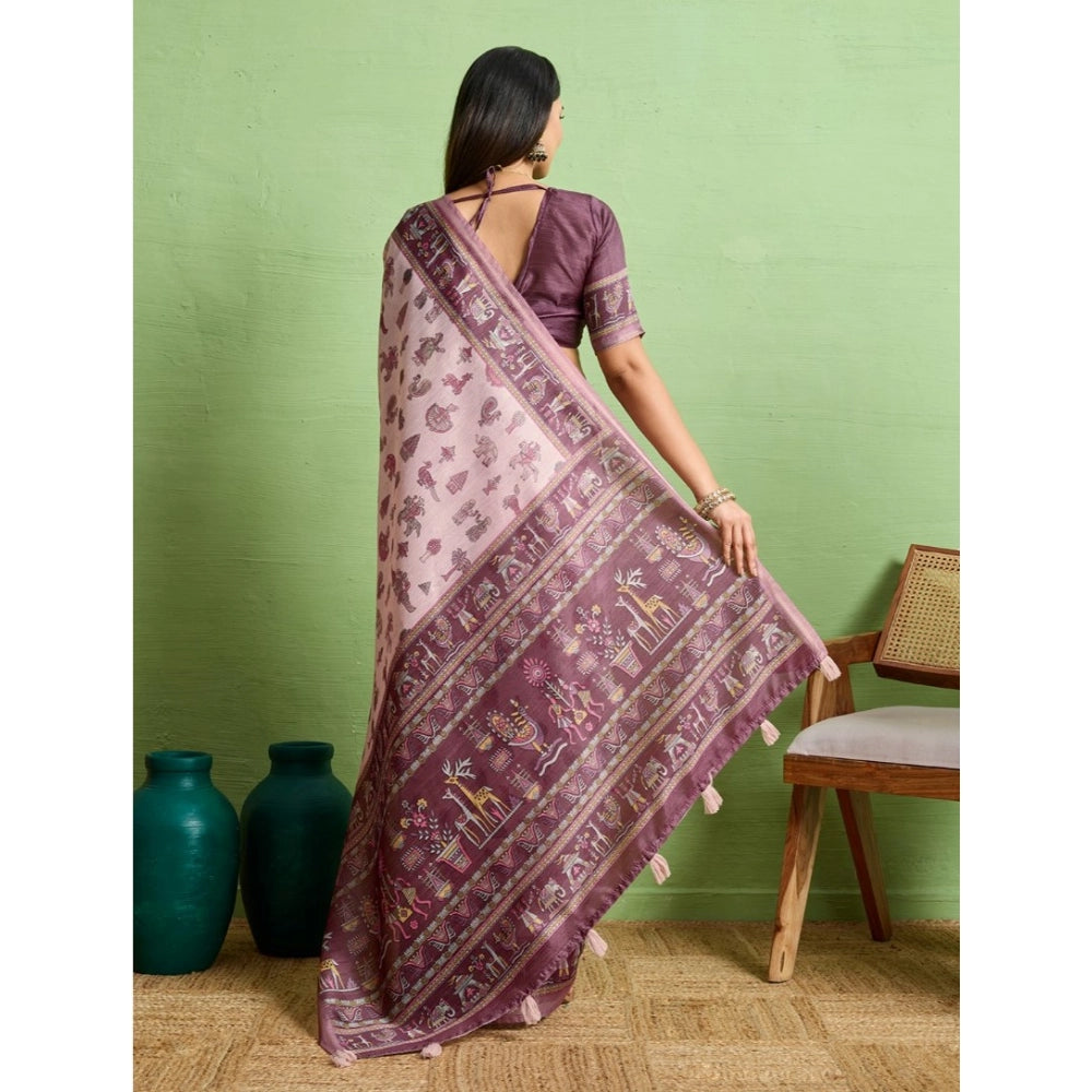 Generic Women's Silk Blend Printed Saree With Unstitched Blouse 5.5Mtr (Grey)