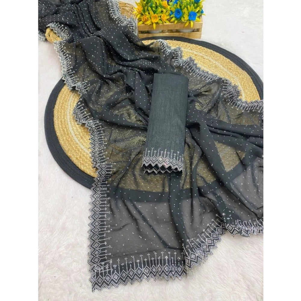 Generic Women's Georgette Stone Work Saree With Unstitched Blouse 5.5Mtr (Black)