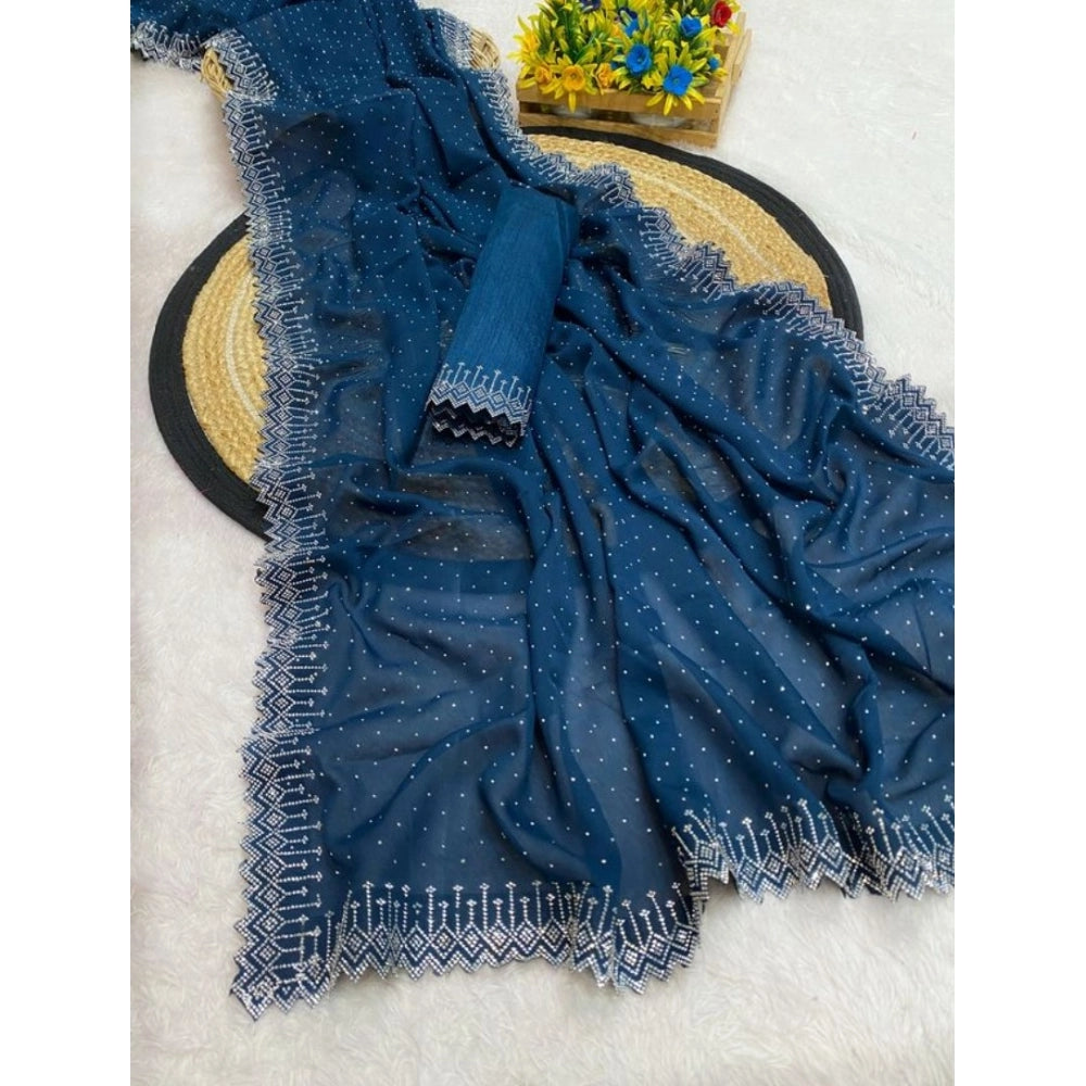 Generic Women's Georgette Stone Work Saree With Unstitched Blouse 5.5Mtr (Light Green)