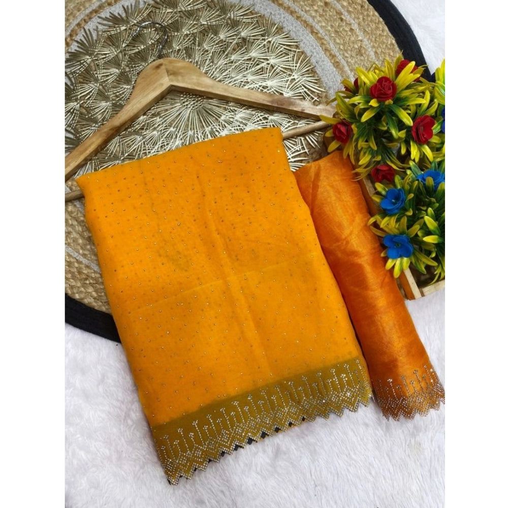 Generic Women's Georgette Stone Work Saree With Unstitched Blouse 5.5Mtr (Yellow)
