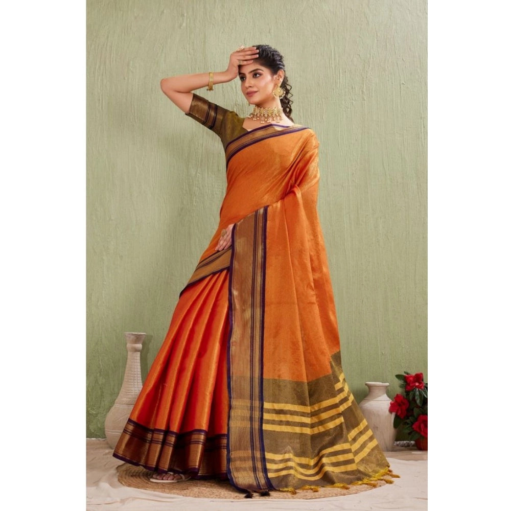 Generic Women's Silk Blended Jaquard Woven Saree With Unstitched Blouse 5.5Mtr (Orange)