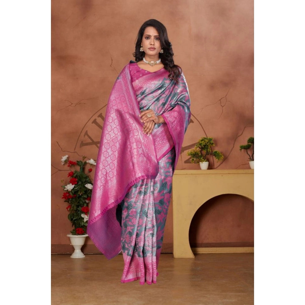 Generic Women's Banarasi Silk Jaquard Woven Saree With Unstitched Blouse 5.5Mtr (Pink)