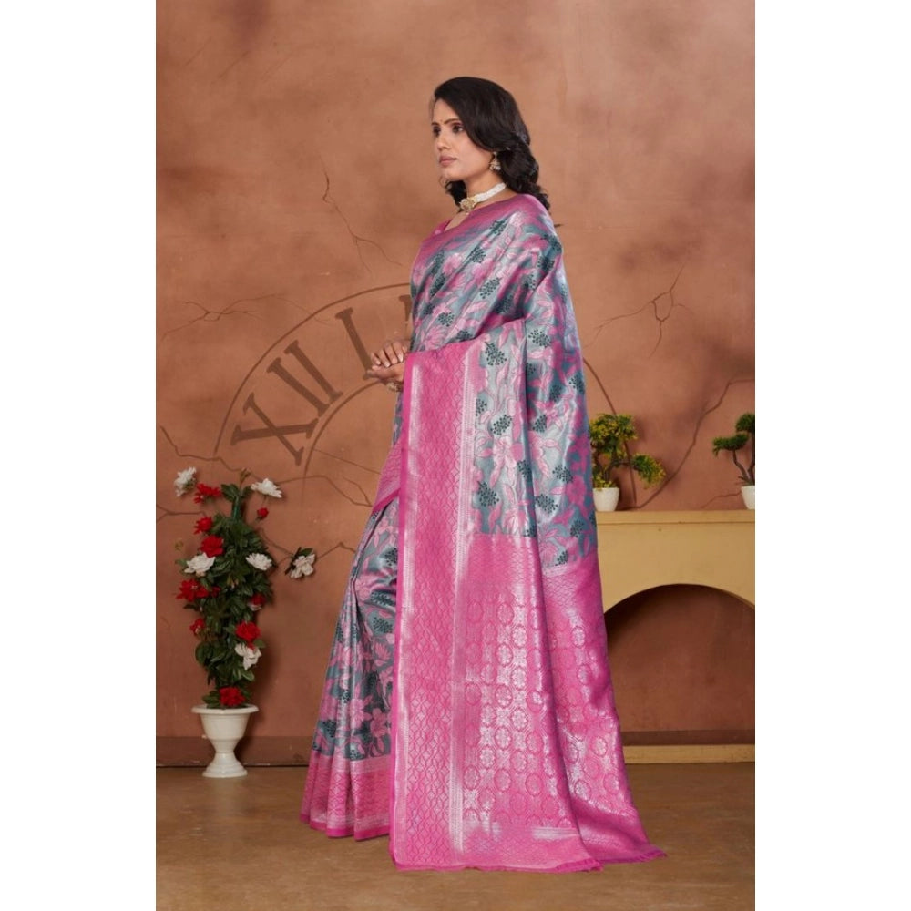 Generic Women's Banarasi Silk Jaquard Woven Saree With Unstitched Blouse 5.5Mtr (Pink)
