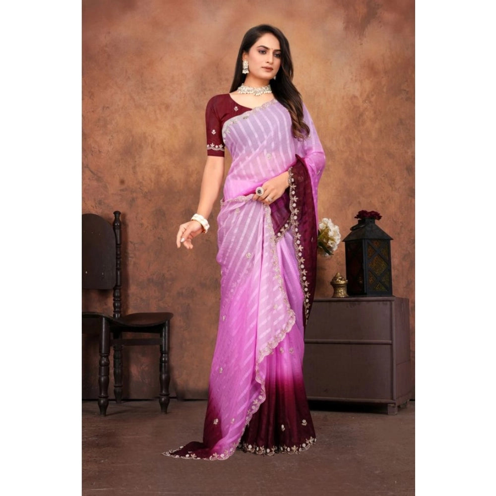 Generic Women's Chiffon Embroidred Saree With Unstitched Blouse 5.5Mtr (Pink)
