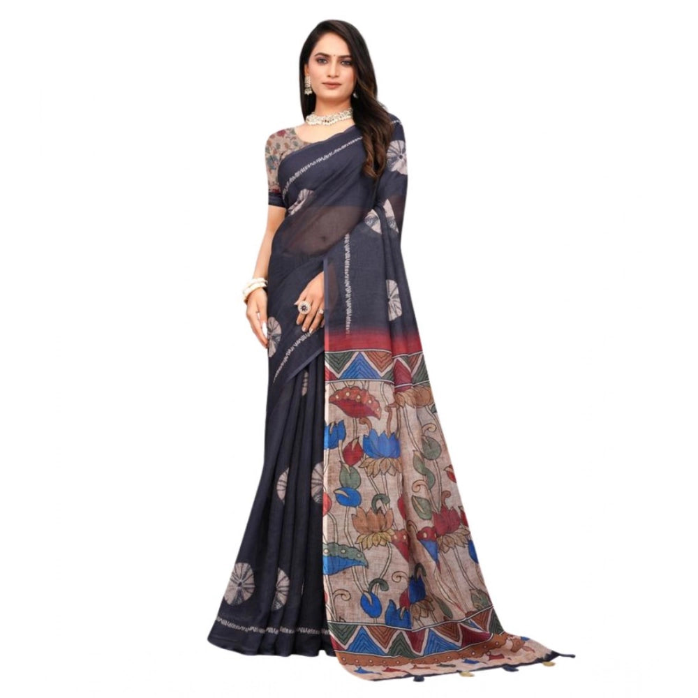 Generic Women's Linen Printed Saree With Unstitched Blouse 5.5Mtr (Black)