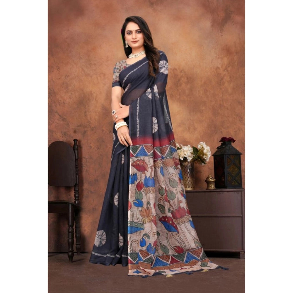 Generic Women's Linen Printed Saree With Unstitched Blouse 5.5Mtr (Black)