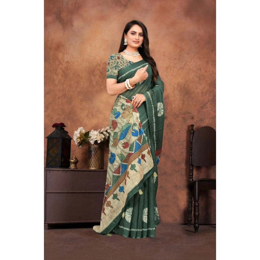 Generic Women's Linen Printed Saree With Unstitched Blouse 5.5Mtr (Dark Green)