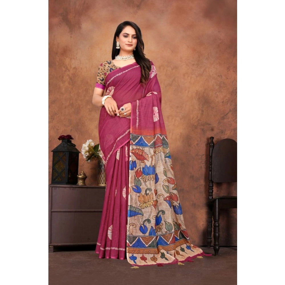 Generic Women's Linen Printed Saree With Unstitched Blouse 5.5Mtr (Purple)