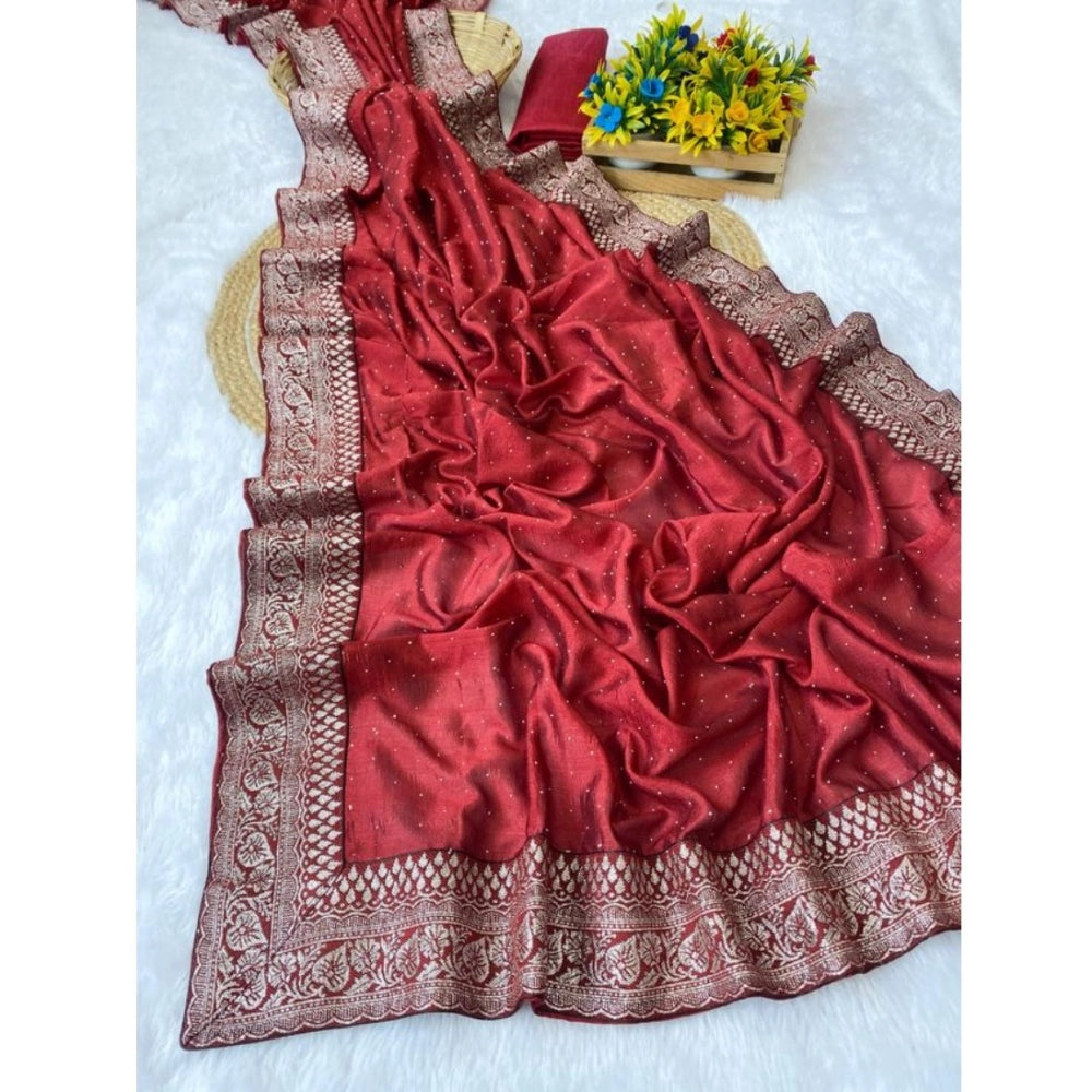 Generic Women's Silk Embroidred Saree With Unstitched Blouse 5.5Mtr (Red)