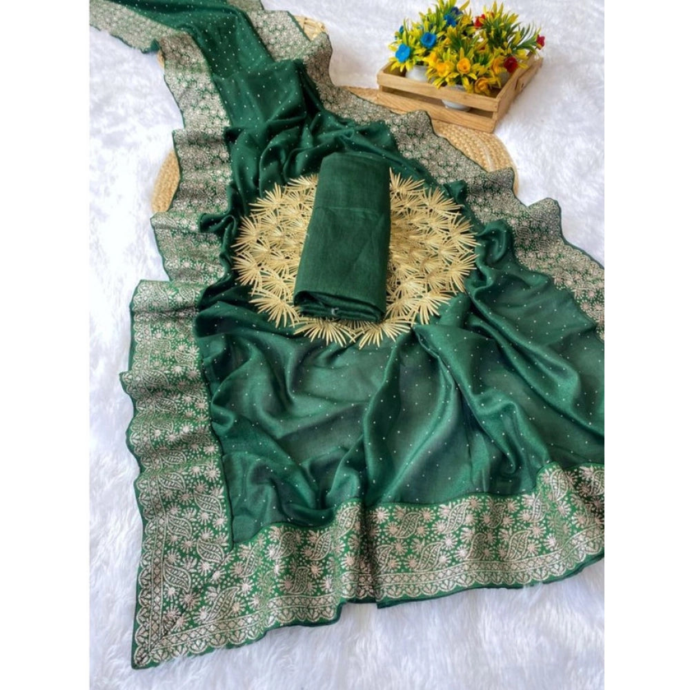 Generic Women's Silk Embroidred Saree With Unstitched Blouse 5.5Mtr (Dark Green)