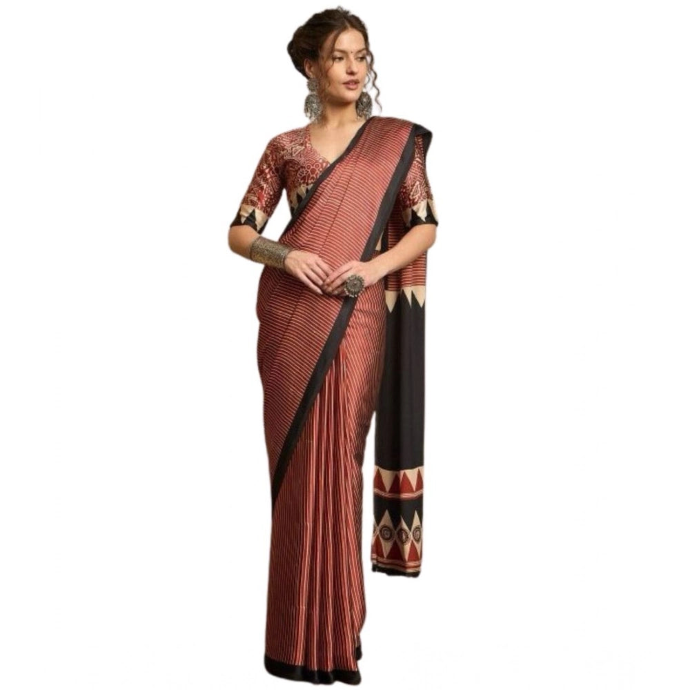 Generic Women's Satin Printed Saree With Unstitched Blouse 5.5Mtr (Black)