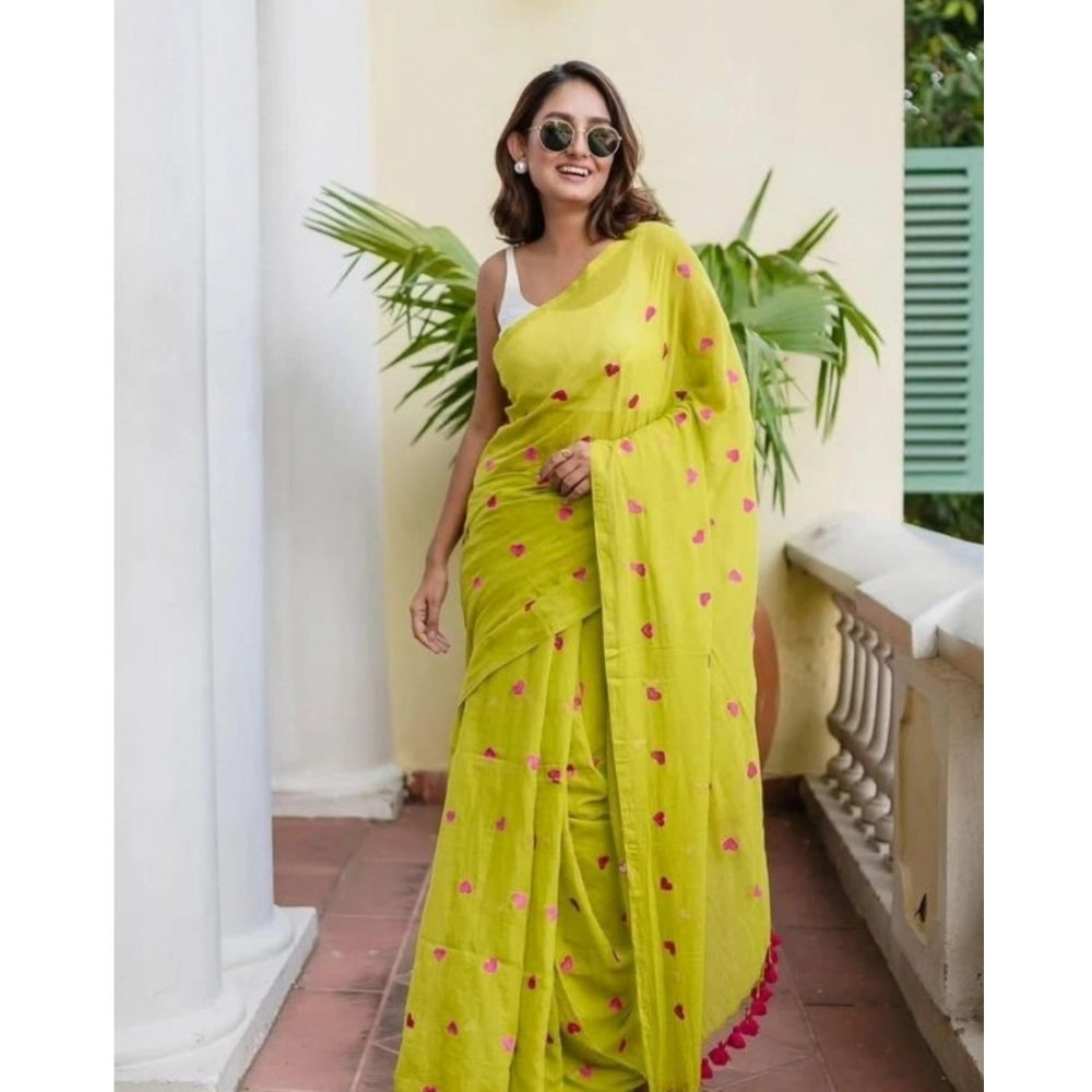 Generic Women's Linen Printed Saree With Unstitched Blouse 5.5Mtr (Light Green)