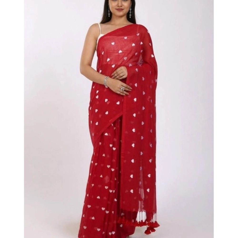Generic Women's Linen Printed Saree With Unstitched Blouse 5.5Mtr (Red)