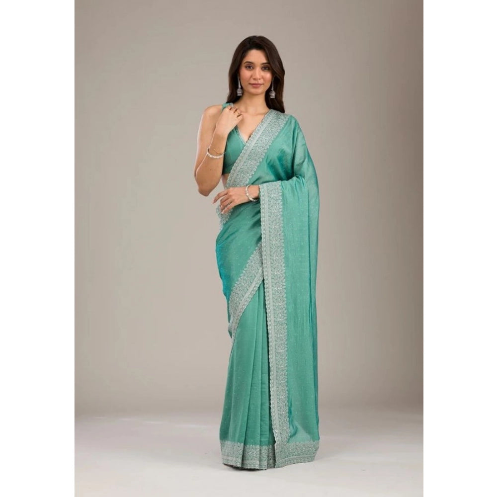 Generic Women's Silk Embroidred Saree With Unstitched Blouse 5.5Mtr (Light Green)