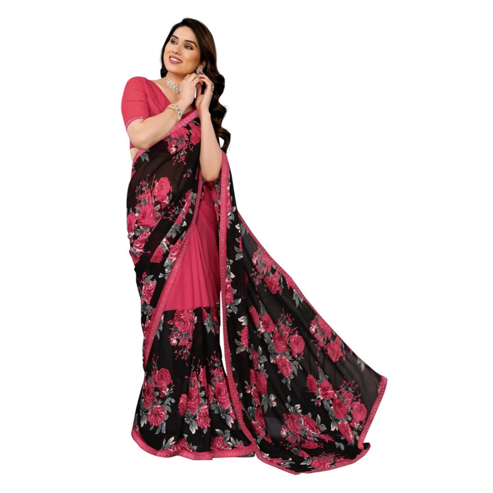 Generic Women's Georgette Printed Saree With Unstitched Blouse 5.5Mtr (Pink)