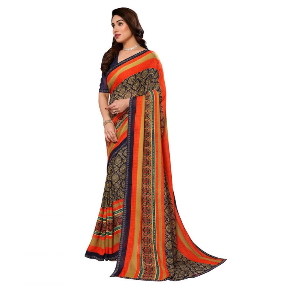 Generic Women's Georgette Printed Saree With Unstitched Blouse 5.5Mtr (Orange)