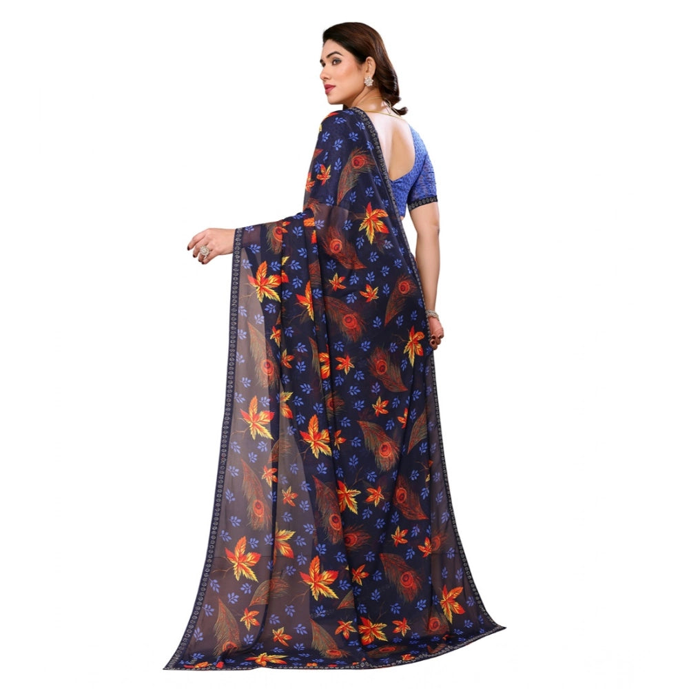 Generic Women's Georgette Printed Saree With Unstitched Blouse 5.5Mtr (Blue)
