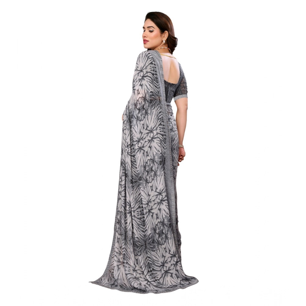Generic Women's Georgette Printed Saree With Unstitched Blouse 5.5Mtr (Grey)