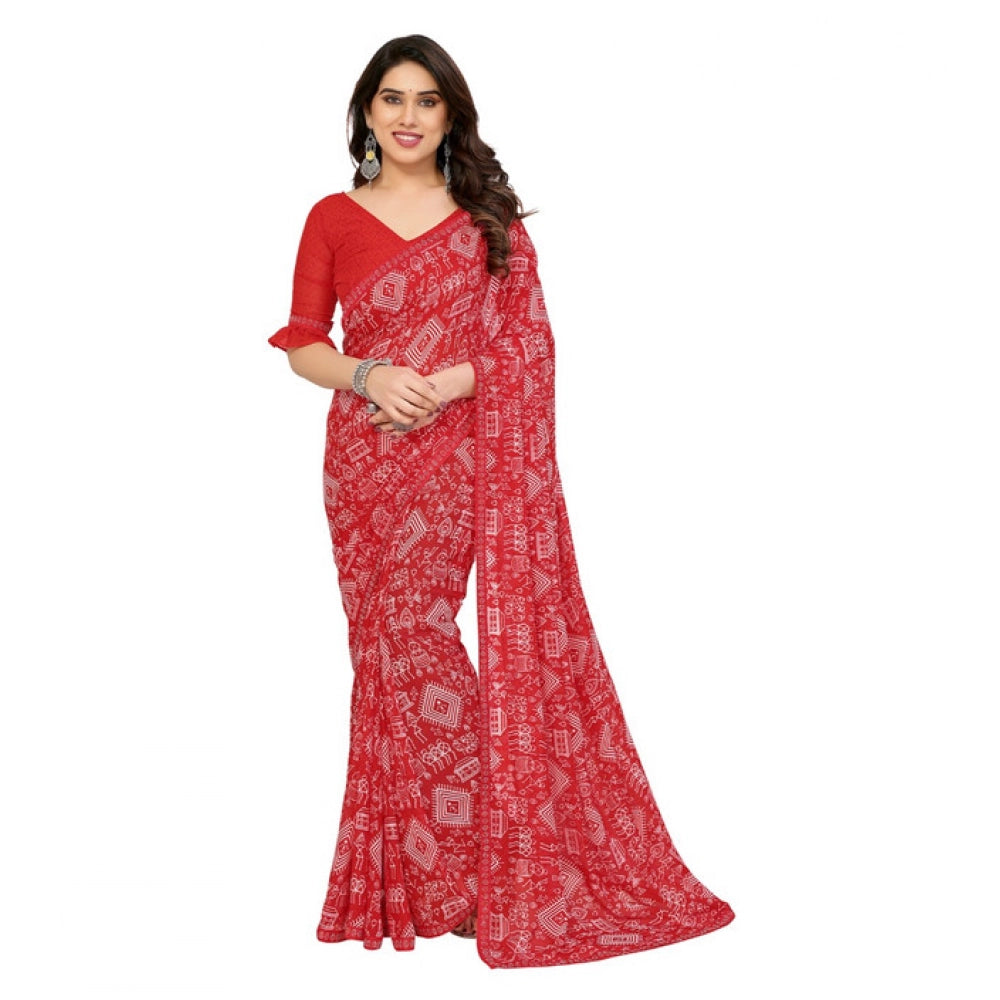 Generic Women's Georgette Printed Saree With Unstitched Blouse 5.5Mtr (Red)