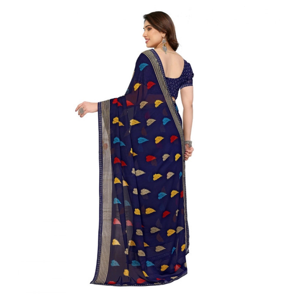 Generic Women's Georgette Printed Saree With Unstitched Blouse 5.5Mtr (Navy Blue)
