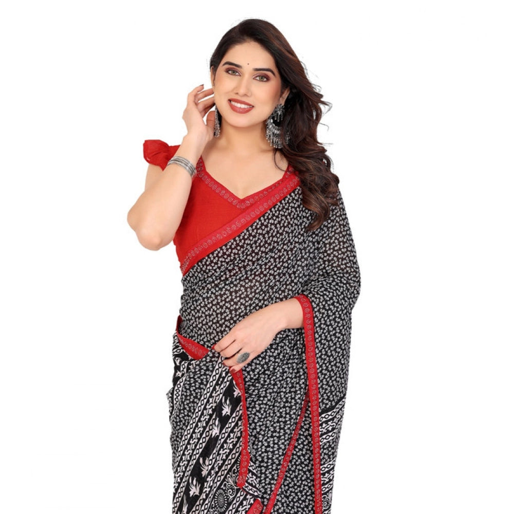 Generic Women's Georgette Printed Saree With Unstitched Blouse 5.5Mtr (Black)