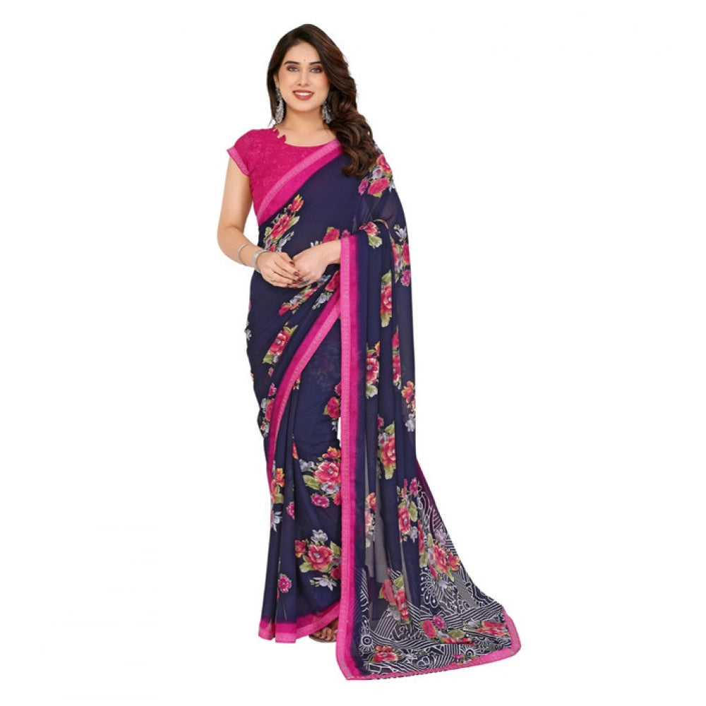 Generic Women's Georgette Printed Saree With Unstitched Blouse 5.5Mtr (Blue)