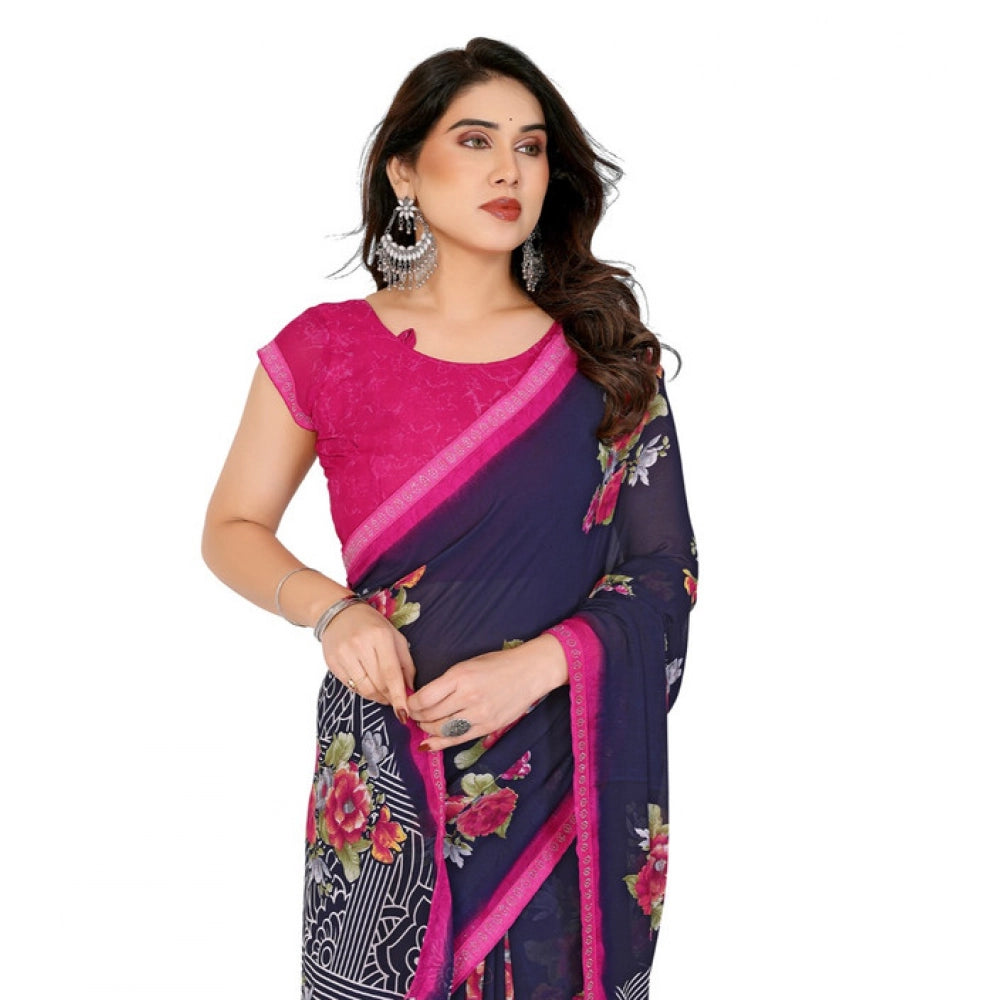 Generic Women's Georgette Printed Saree With Unstitched Blouse 5.5Mtr (Blue)