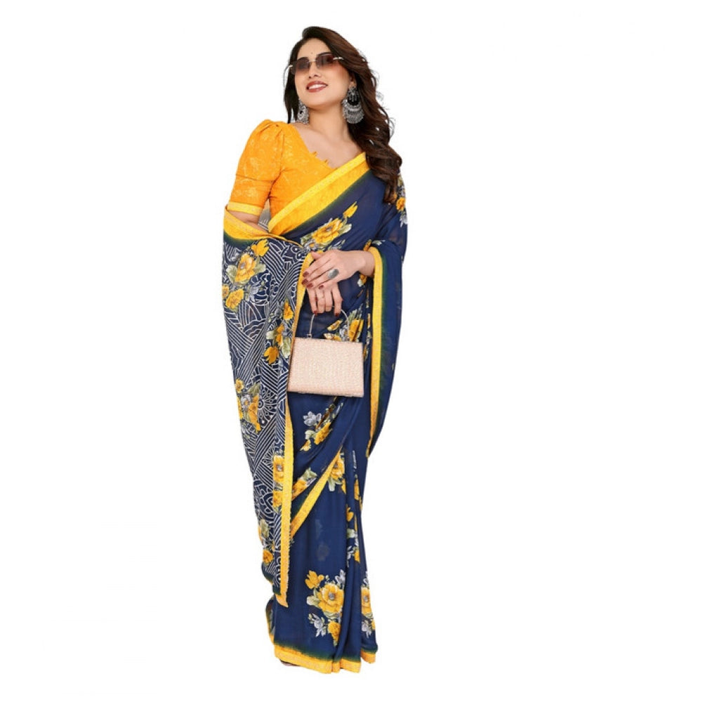 Generic Women's Georgette Printed Saree With Unstitched Blouse 5.5Mtr (Blue)