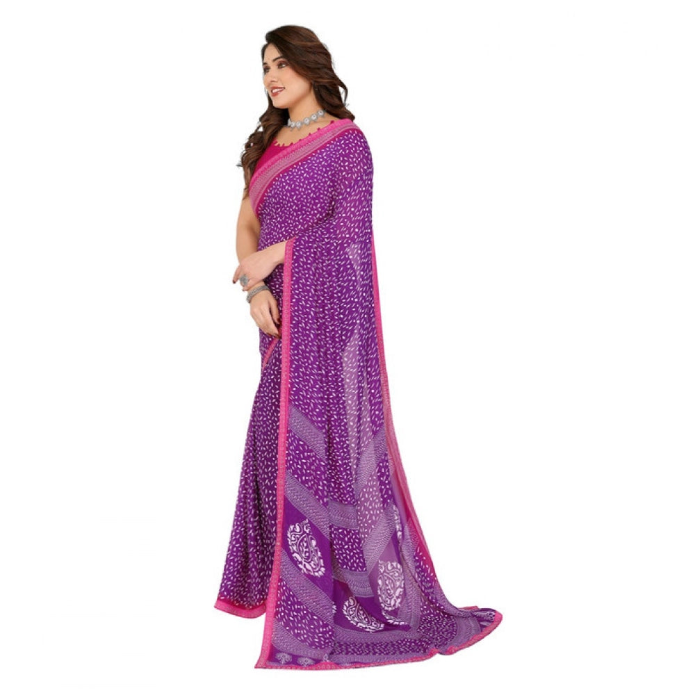 Generic Women's Georgette Printed Saree With Unstitched Blouse 5.5Mtr (Purple)