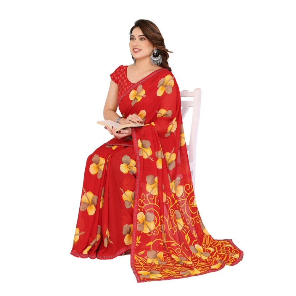 Generic Women's Georgette Printed Saree With Unstitched Blouse 5.5Mtr (Orange)