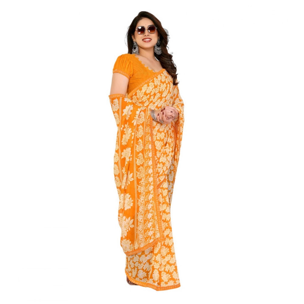 Generic Women's Georgette Printed Saree With Unstitched Blouse 5.5Mtr (Yellow)
