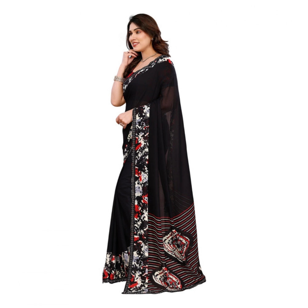 Generic Women's Georgette Printed Saree With Unstitched Blouse 5.5Mtr (Black)
