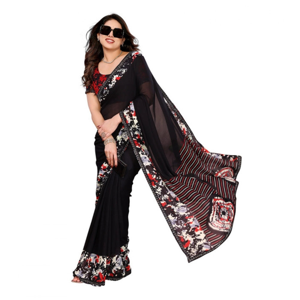 Generic Women's Georgette Printed Saree With Unstitched Blouse 5.5Mtr (Black)