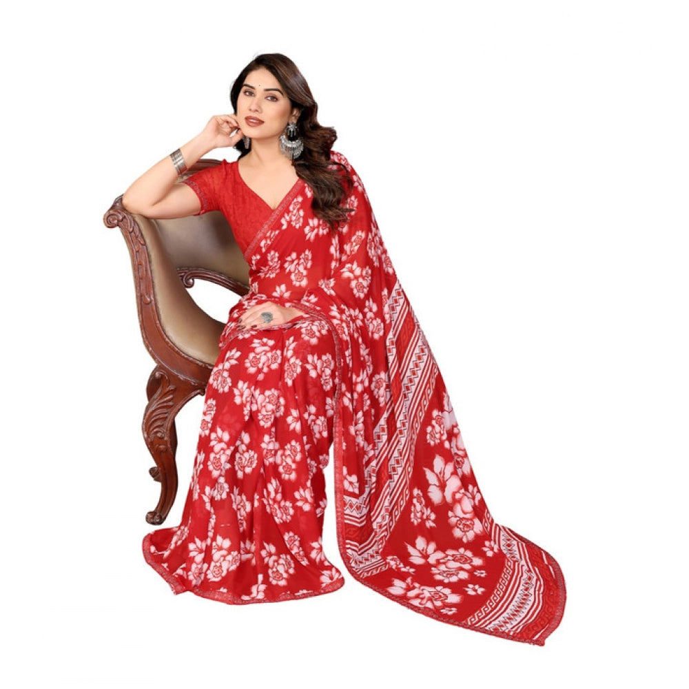 Generic Women's Georgette Printed Saree With Unstitched Blouse 5.5Mtr (Red)