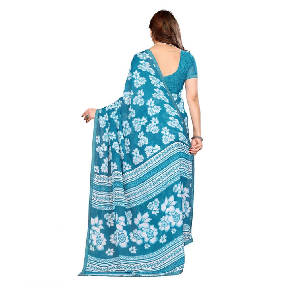 Generic Women's Georgette Printed Saree With Unstitched Blouse 5.5Mtr (Sky Blue)