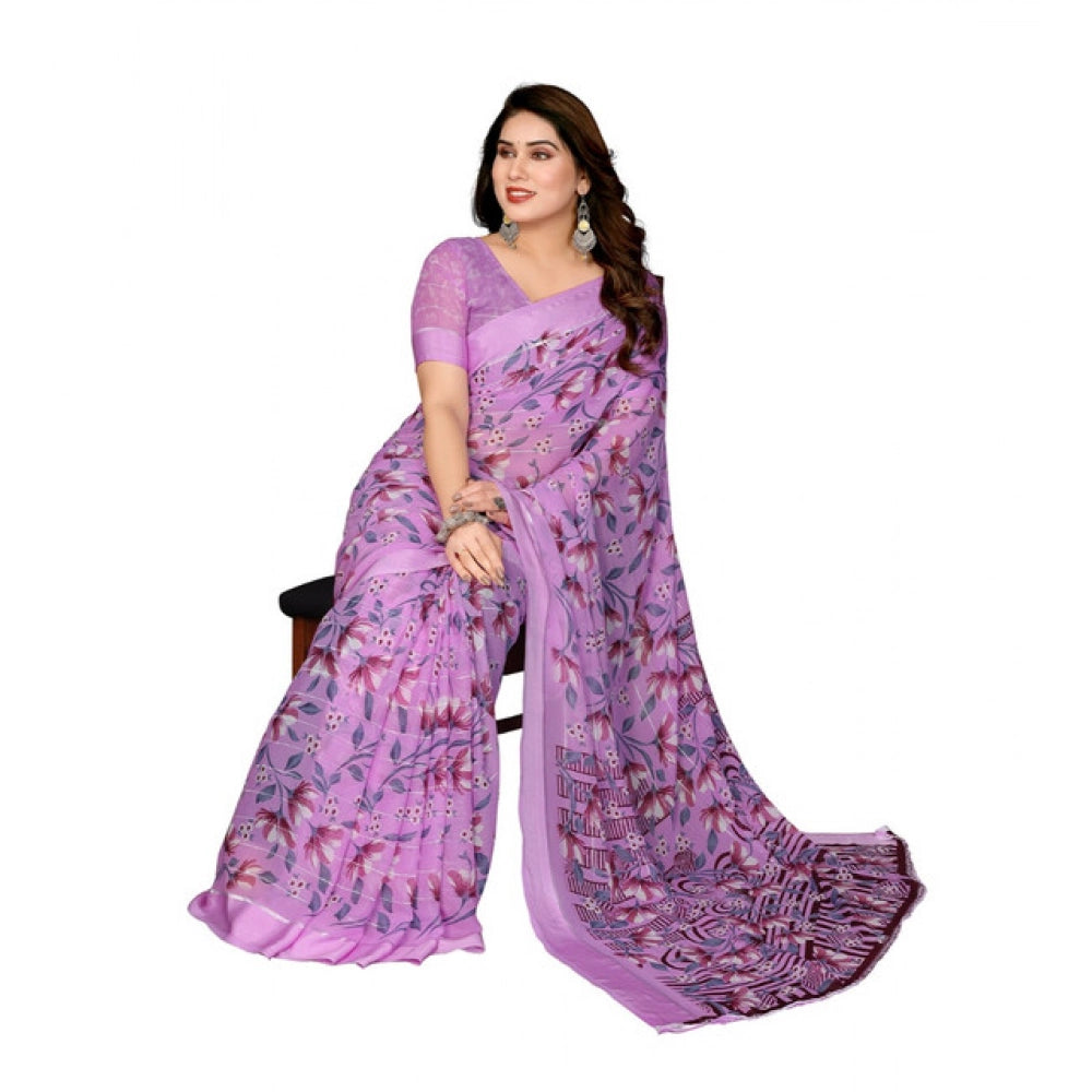 Generic Women's Georgette Printed Saree With Unstitched Blouse 5.5Mtr (Purple)