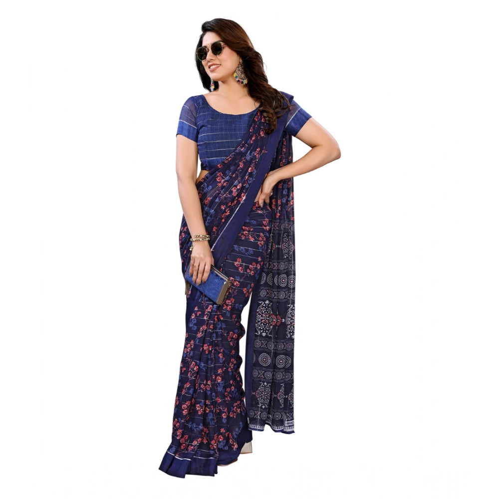 Generic Women's Georgette Printed Saree With Unstitched Blouse 5.5Mtr (Blue)