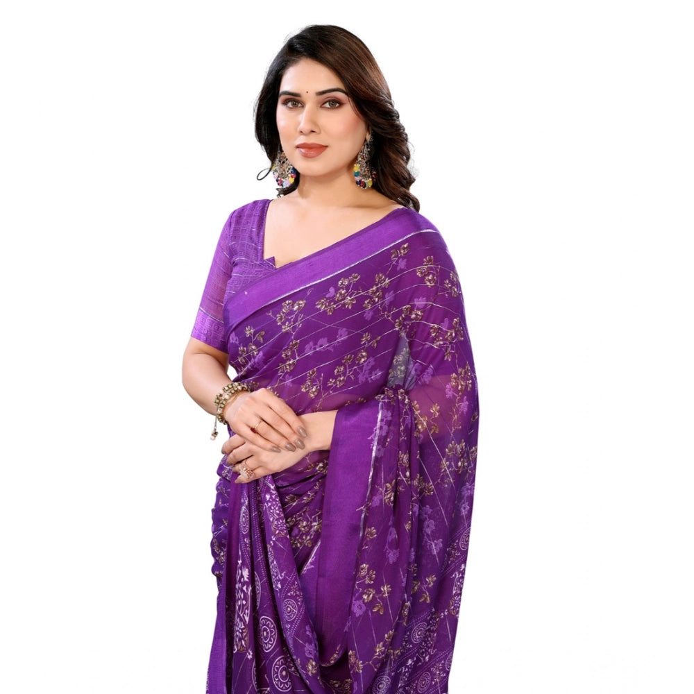 Generic Women's Georgette Printed Saree With Unstitched Blouse 5.5Mtr (Purple)