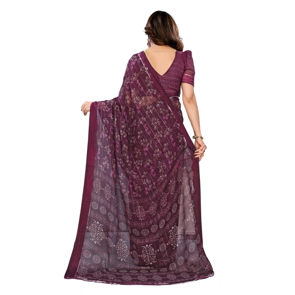 Generic Women's Georgette Printed Saree With Unstitched Blouse 5.5Mtr (Wine)