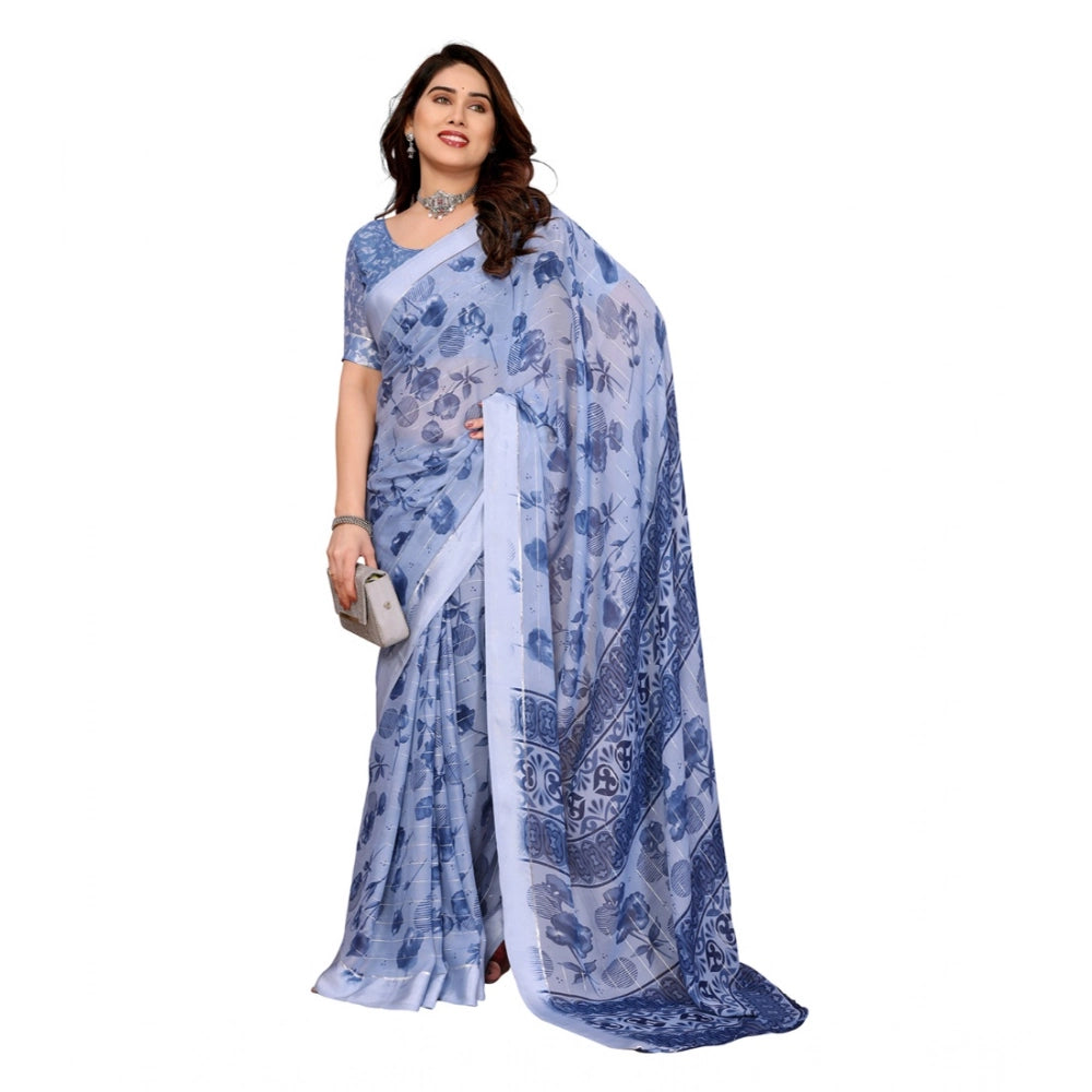 Generic Women's Georgette Printed Saree With Unstitched Blouse 5.5Mtr (Light Blue)