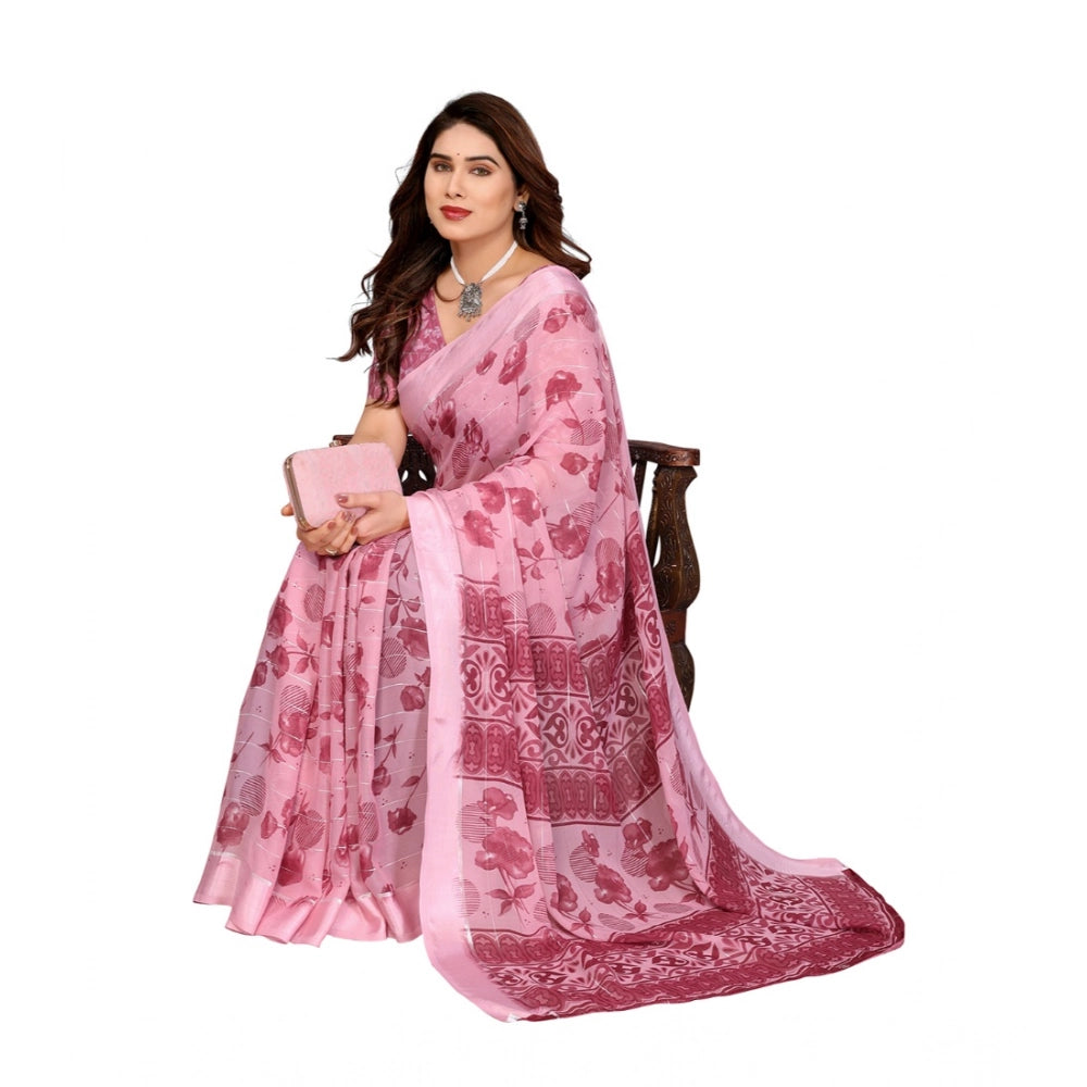 Generic Women's Georgette Printed Saree With Unstitched Blouse 5.5Mtr (Pink)