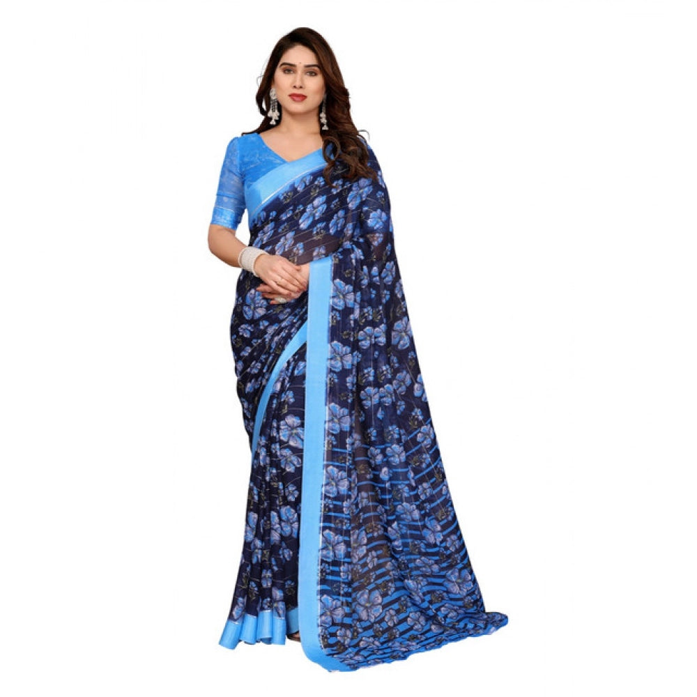 Generic Women's Georgette Printed Saree With Unstitched Blouse 5.5Mtr (Blue)