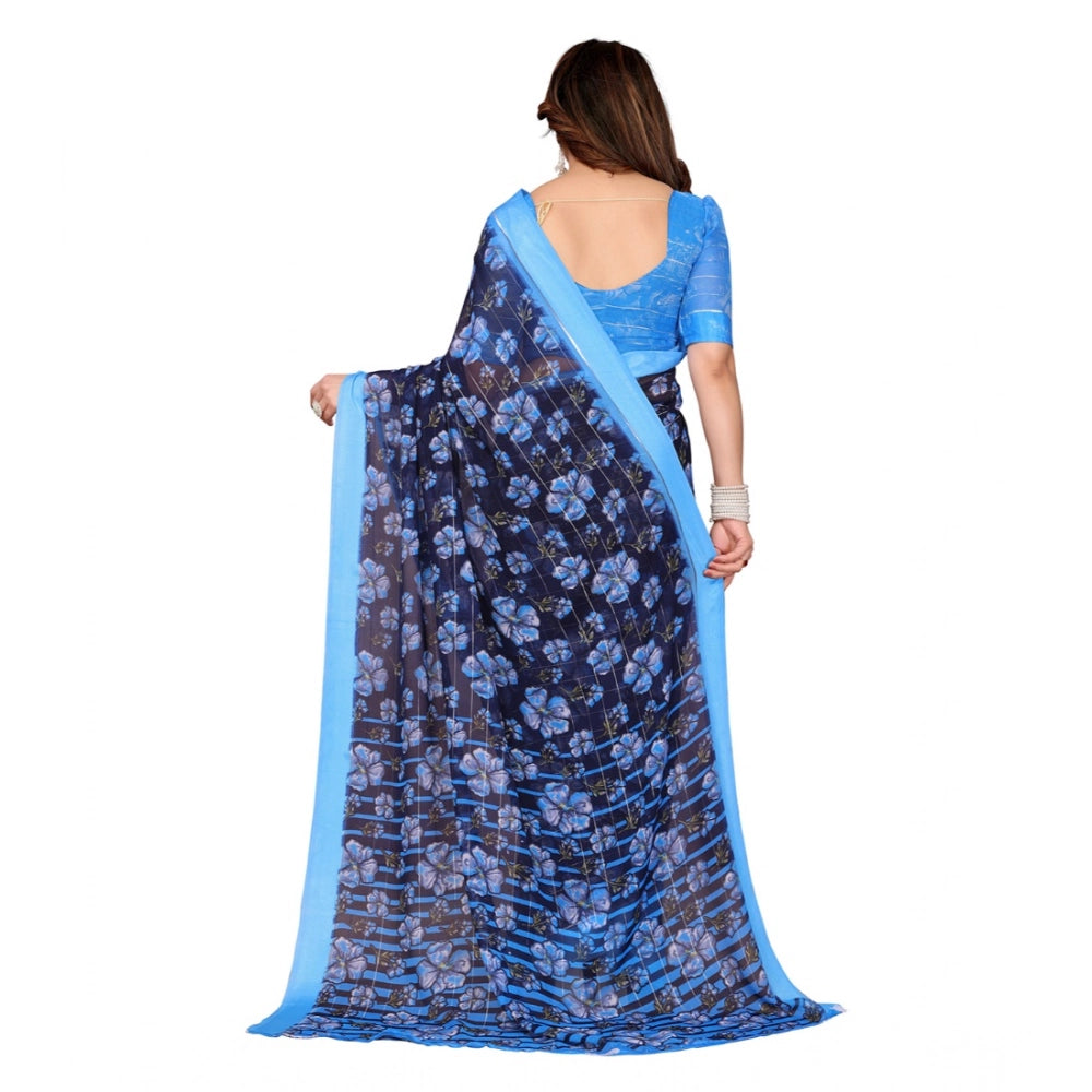 Generic Women's Georgette Printed Saree With Unstitched Blouse 5.5Mtr (Blue)
