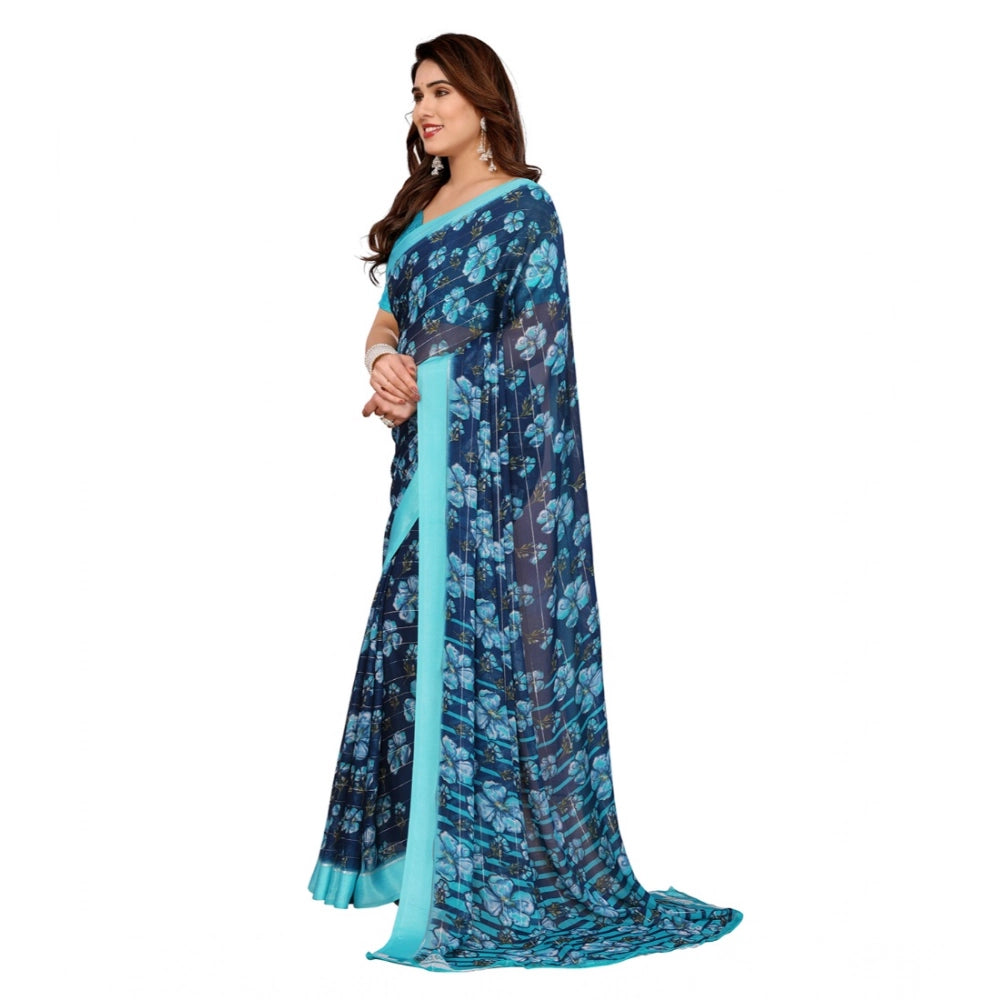 Generic Women's Georgette Printed Saree With Unstitched Blouse 5.5Mtr (Sky Blue)